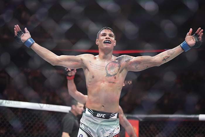 Daniel Zellhuber celebrates after his UFC Fight Night bout against Lando Vannata in Kansas City.